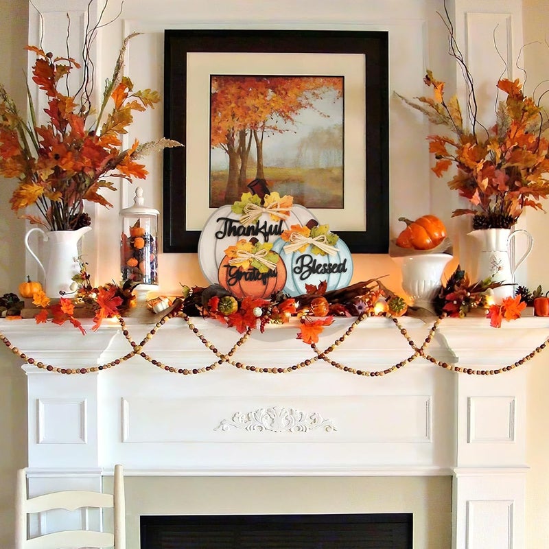 Sophena 3 Pcs Fall Pumpkin Decor Wooden Table Sign Thankful Blessed Grateful Tabletop for Autumn Farmhouse Vintage Thanksgiving Harvest Party Rustic Home Room Table Shelf Halloween Decorations - Image 3